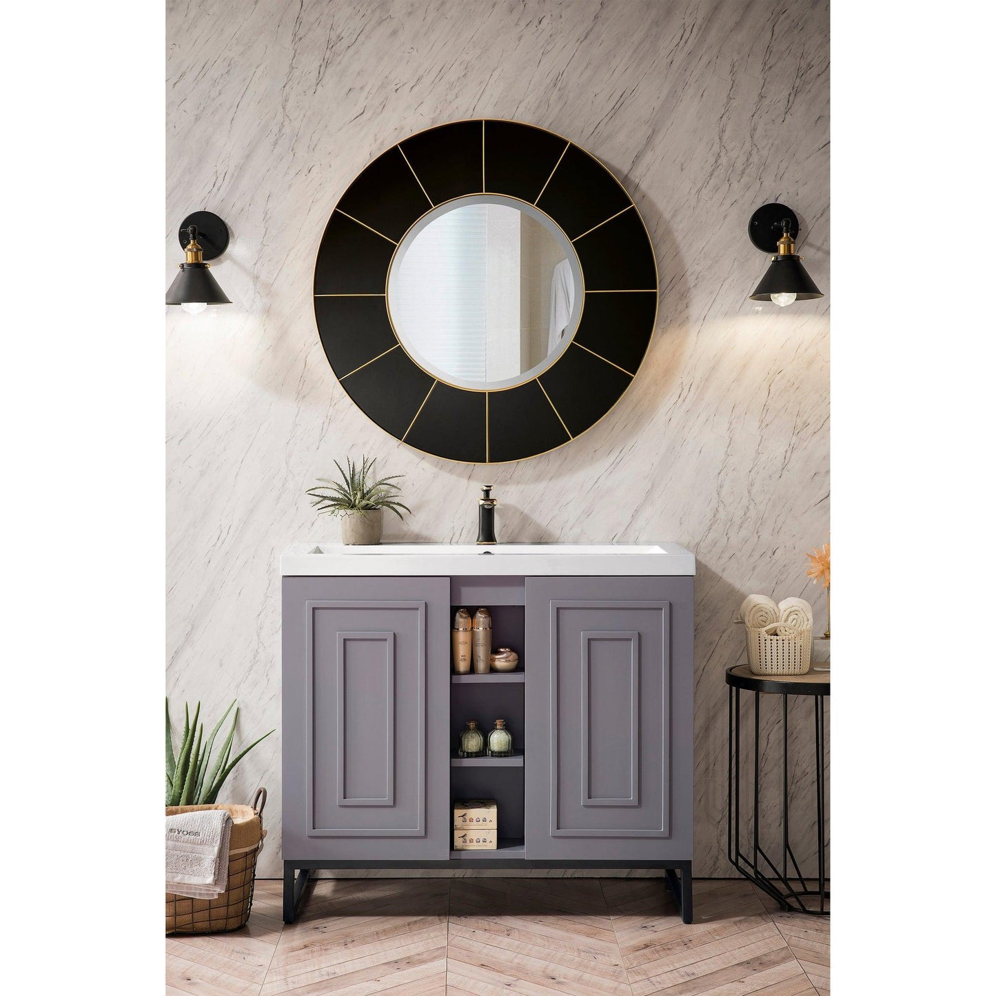 James Martin Vanities Alicante 39.5" Grey Smoke, Matte Black Single Vanity Cabinet With White Glossy Composite Countertop