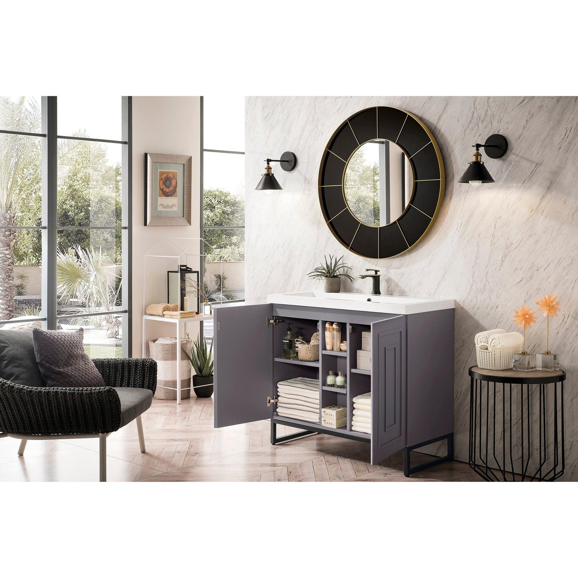 James Martin Vanities Alicante 39.5" Grey Smoke, Matte Black Single Vanity Cabinet With White Glossy Composite Countertop