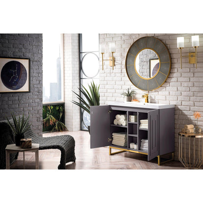 James Martin Vanities Alicante 39.5" Grey Smoke, Radiant Gold Single Vanity Cabinet With White Glossy Composite Countertop