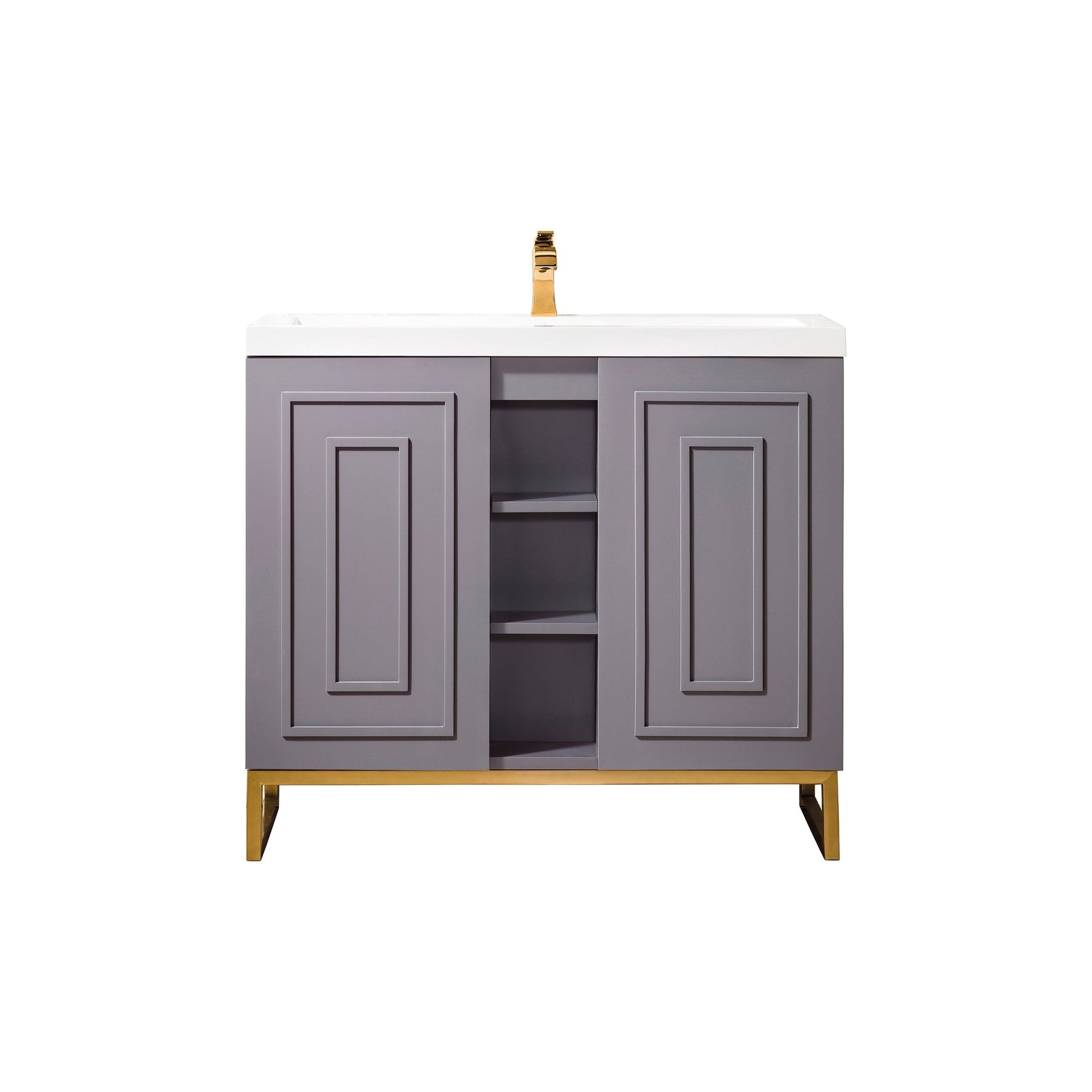 James Martin Vanities Alicante 39.5" Grey Smoke, Radiant Gold Single Vanity Cabinet With White Glossy Composite Countertop