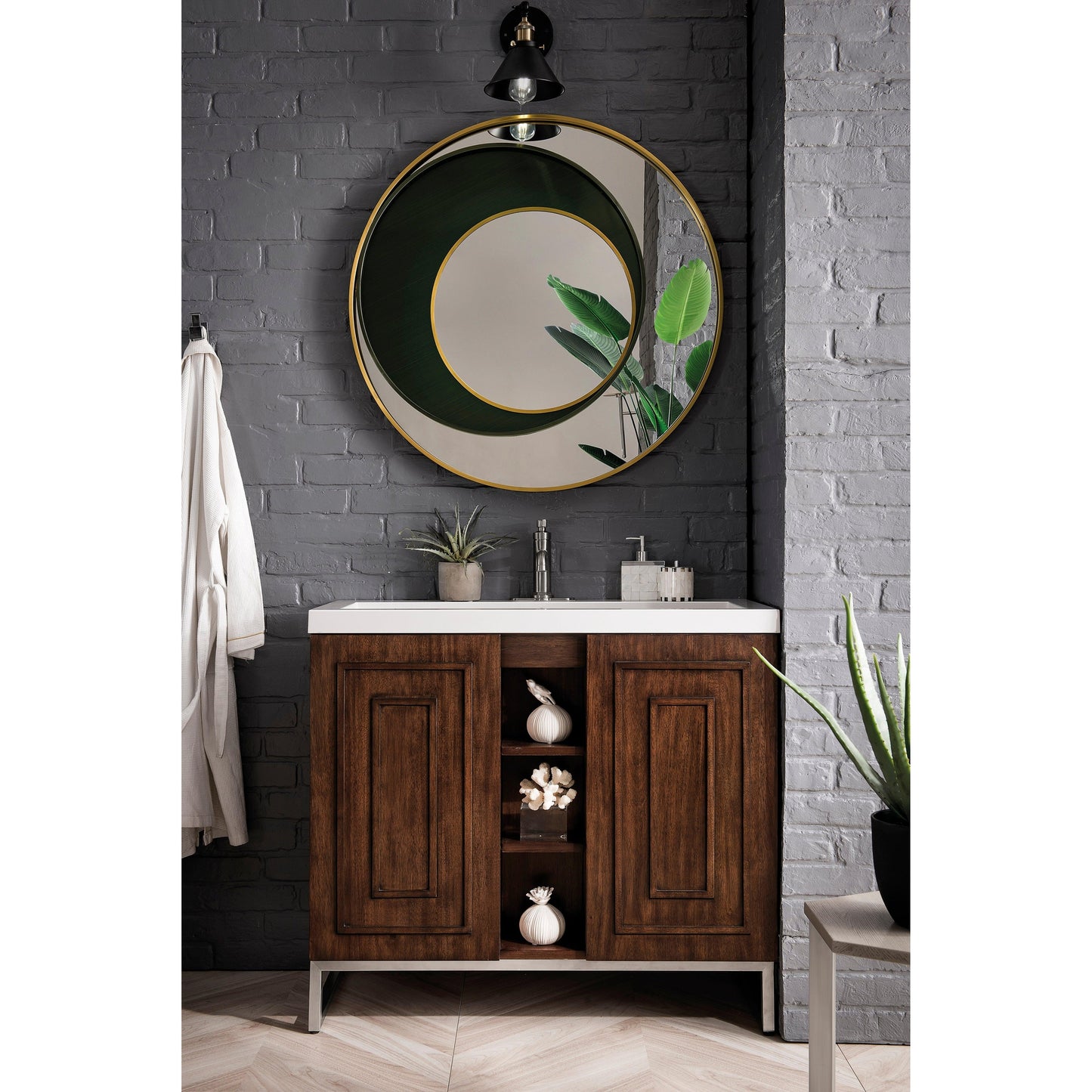 James Martin Vanities Alicante 39.5" Mid Century Acacia, Brushed Nickel Single Vanity Cabinet With White Glossy Composite Countertop
