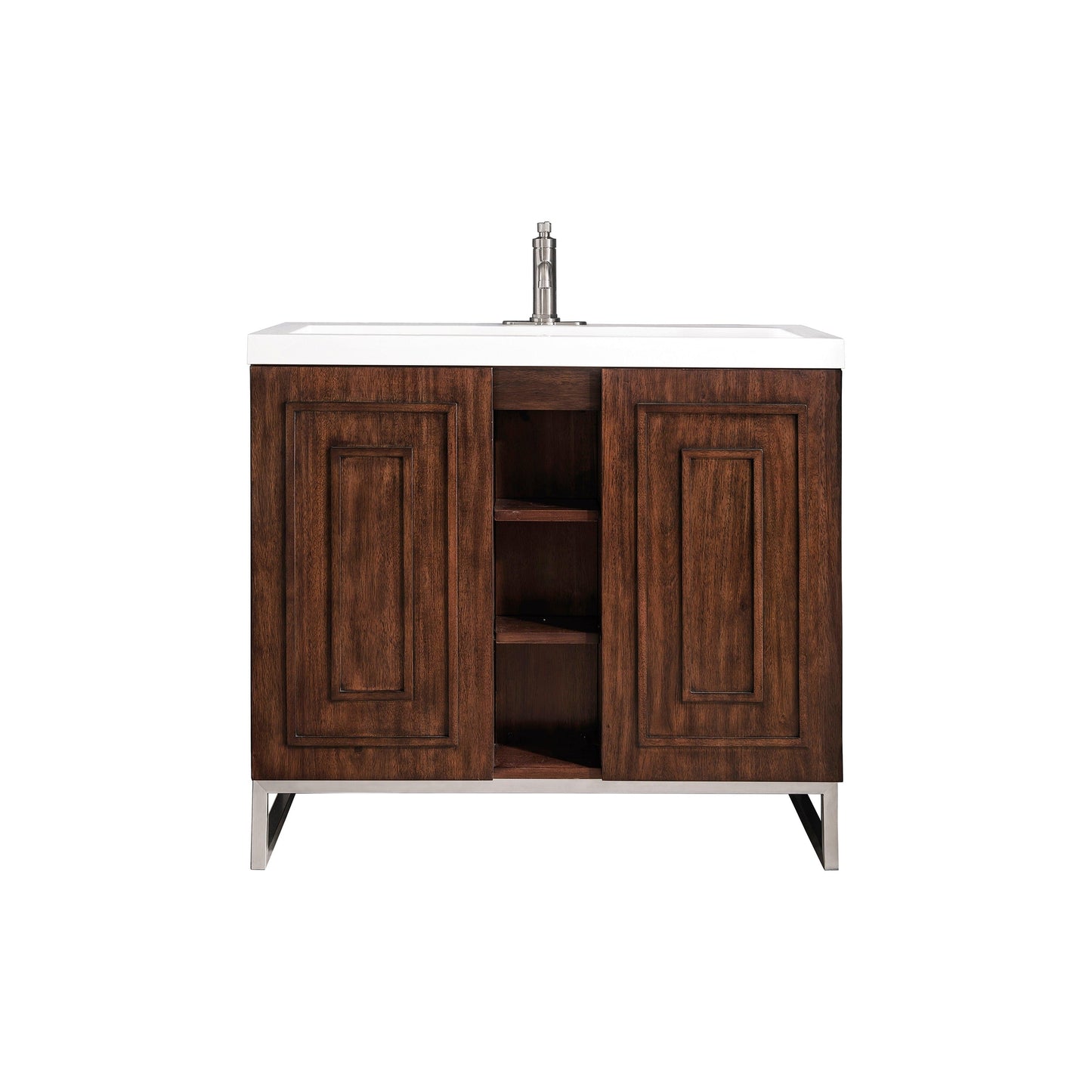James Martin Vanities Alicante 39.5" Mid Century Acacia, Brushed Nickel Single Vanity Cabinet With White Glossy Composite Countertop