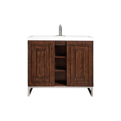 James Martin Vanities Alicante 39.5" Mid Century Acacia, Brushed Nickel Single Vanity Cabinet With White Glossy Composite Countertop