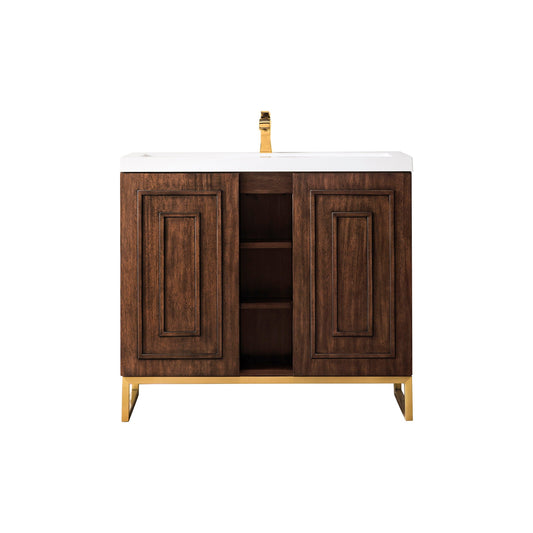 James Martin Vanities Alicante 39.5" Mid Century Acacia, Radiant Gold Single Vanity Cabinet With White Glossy Composite Countertop