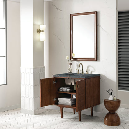 James Martin Vanities Amberly 30" Mid-Century Walnut Single Vanity With 3 cm Parisien Bleu Top