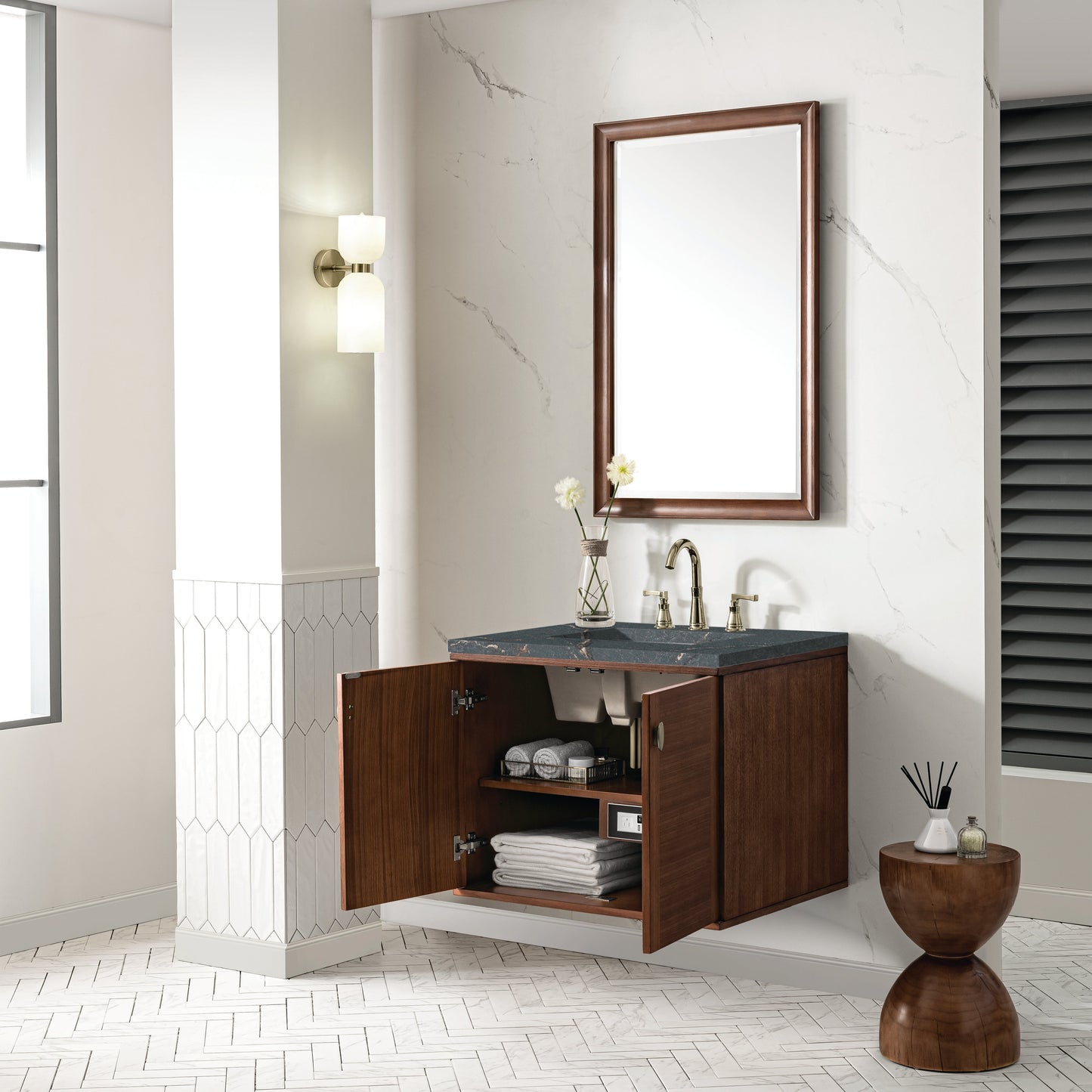 James Martin Vanities Amberly 30" Mid-Century Walnut Single Vanity With 3 cm Parisien Bleu Top