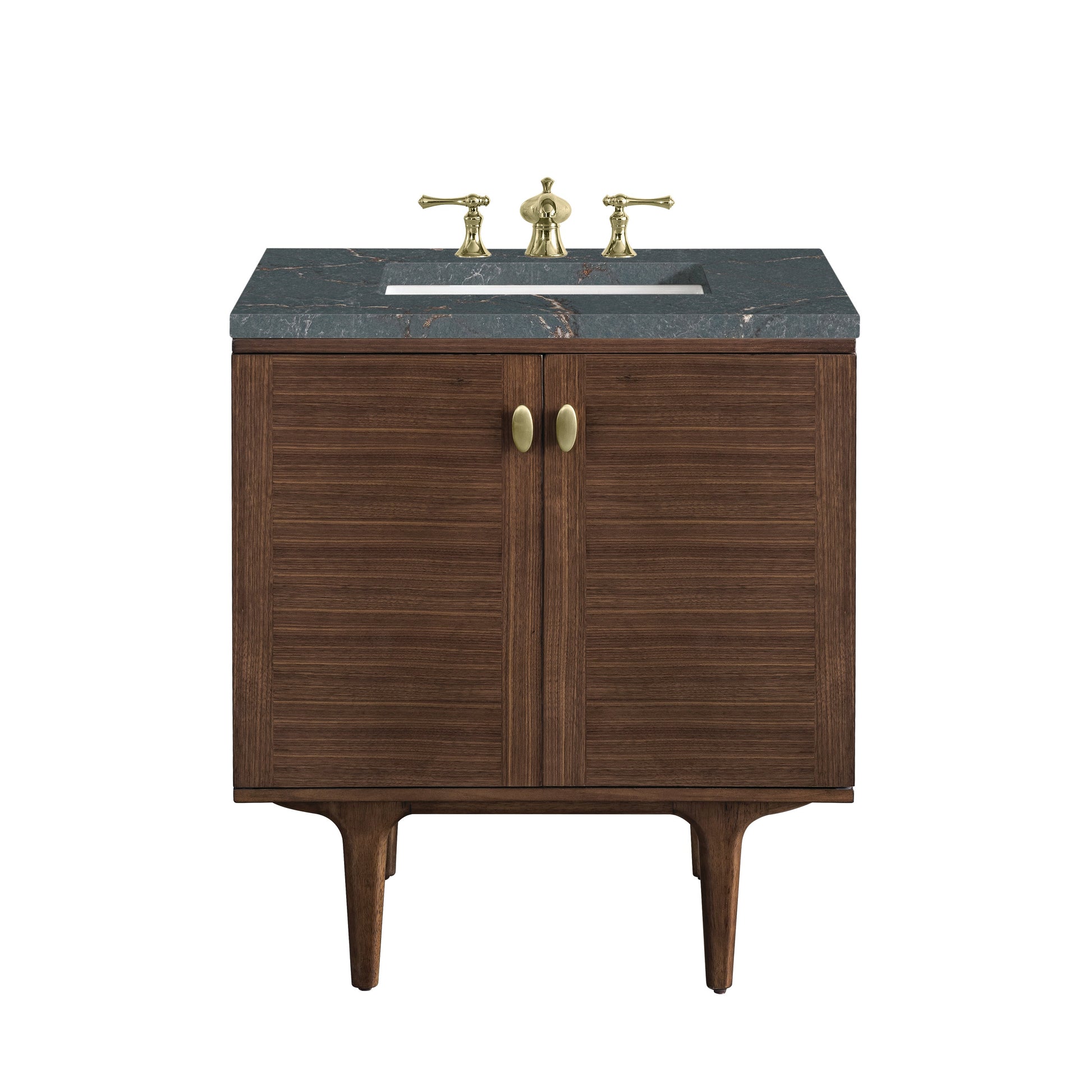 James Martin Vanities Amberly 30" Mid-Century Walnut Single Vanity With 3 cm Parisien Bleu Top