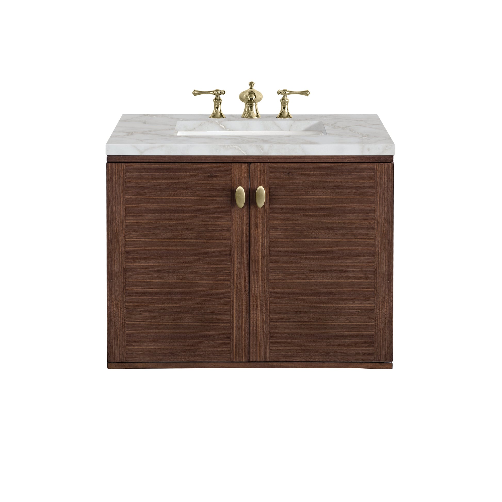 James Martin Vanities Amberly 30" Mid-Century Walnut Single Vanity With 3 cm Victorian Silver Top