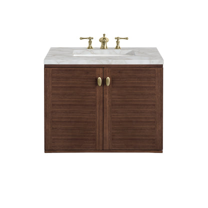 James Martin Vanities Amberly 30" Mid-Century Walnut Single Vanity With 3 cm Victorian Silver Top