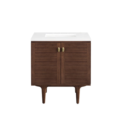 James Martin Vanities Amberly 30" Mid-Century Walnut Single Vanity With 3 cm White Zeus Top