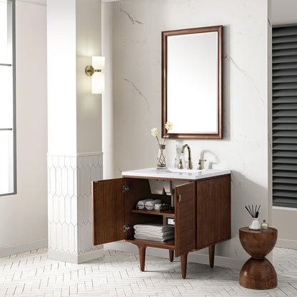 James Martin Vanities Amberly 30" Mid-Century Walnut Single Vanity With 3 cm White Zeus Top