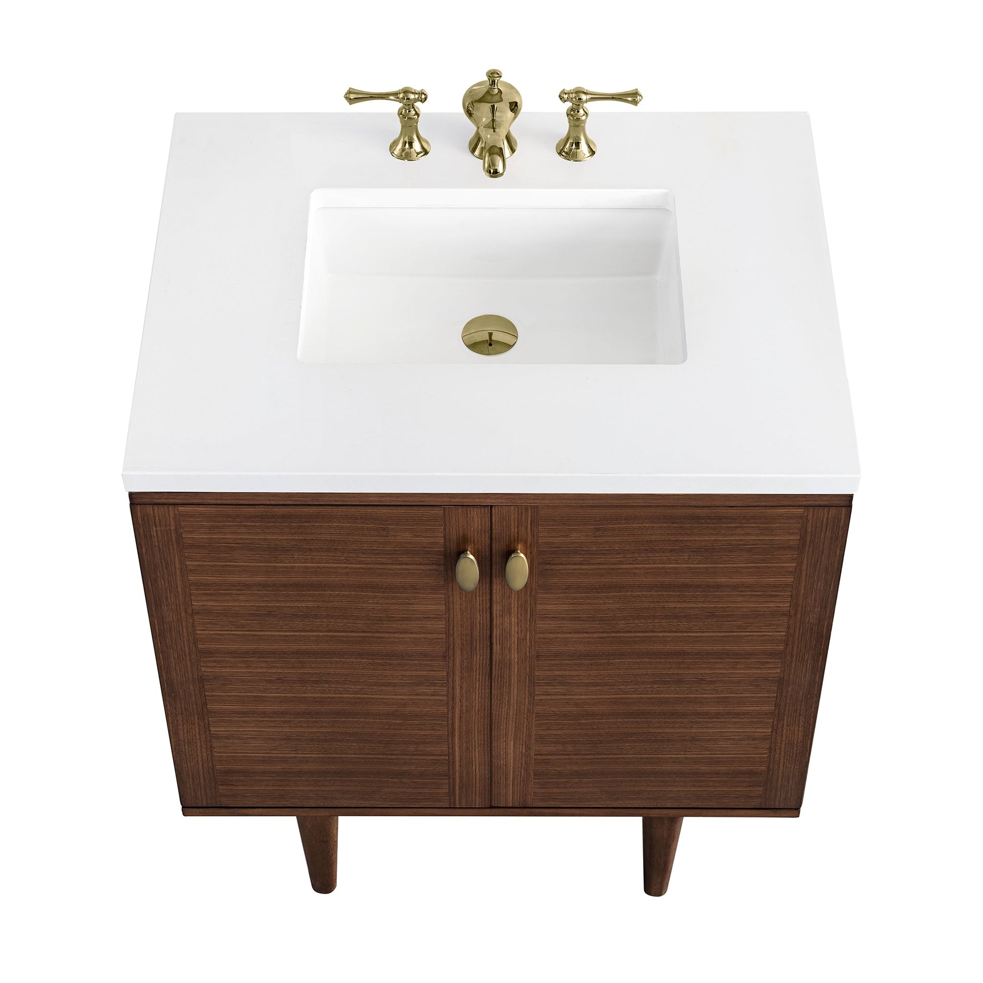 James Martin Vanities Amberly 30" Mid-Century Walnut Single Vanity With 3 cm White Zeus Top