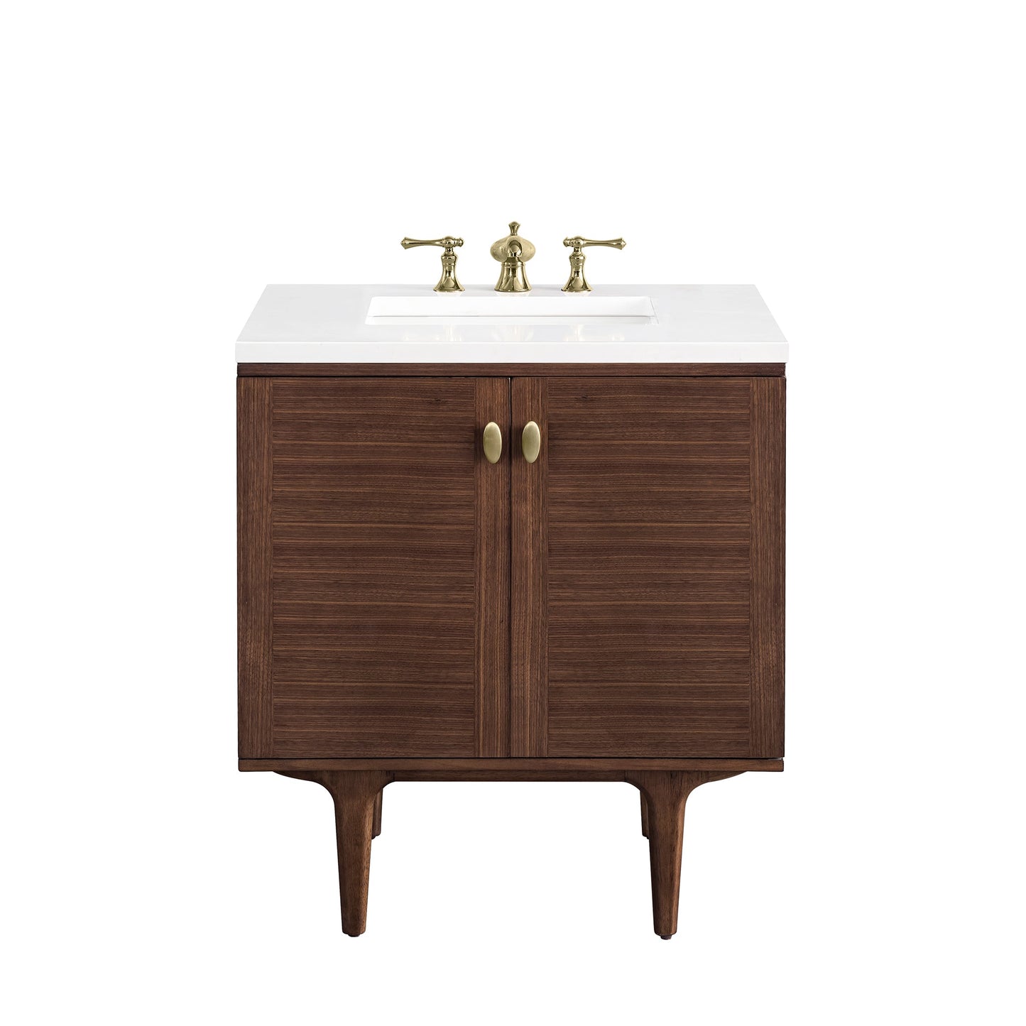 James Martin Vanities Amberly 30" Mid-Century Walnut Single Vanity With 3 cm White Zeus Top