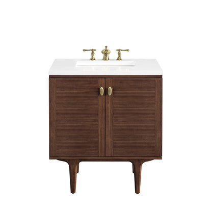 James Martin Vanities Amberly 30" Mid-Century Walnut Single Vanity With 3 cm White Zeus Top