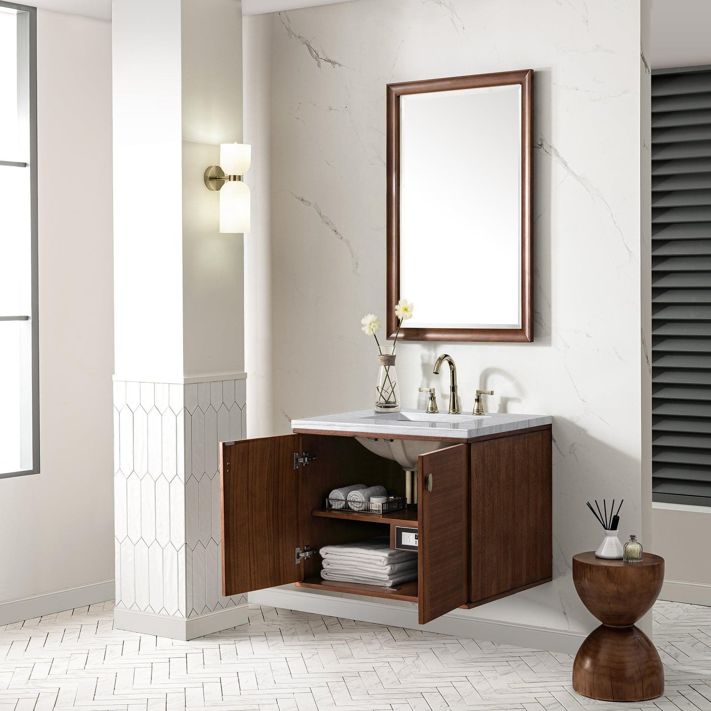 James Martin Vanities Amberly 30" Mid-Century Walnut Single Vanity With 3cm Arctic Fall Top