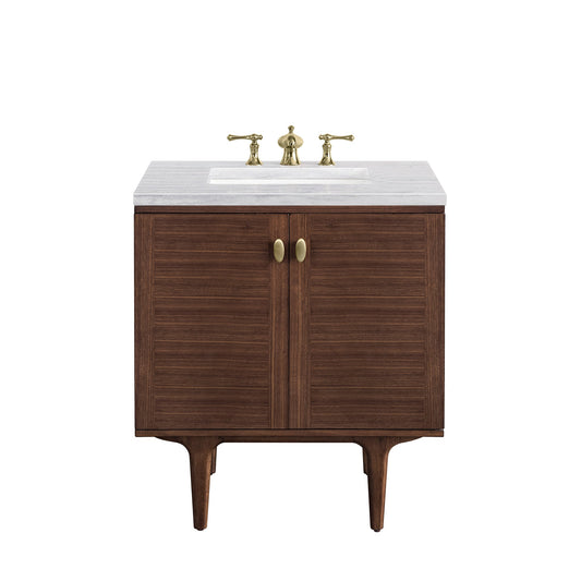 James Martin Vanities Amberly 30" Mid-Century Walnut Single Vanity With 3cm Arctic Fall Top