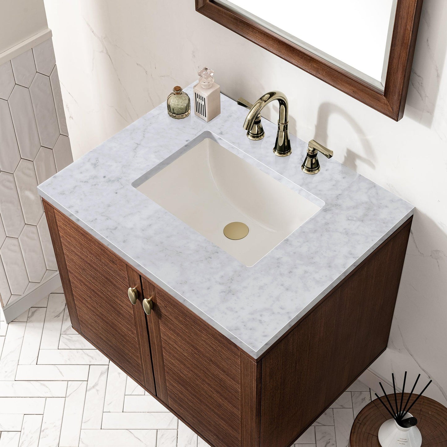 James Martin Vanities Amberly 30" Mid-Century Walnut Single Vanity With 3cm Carrara Marble Top