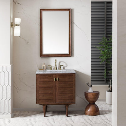 James Martin Vanities Amberly 30" Mid-Century Walnut Single Vanity With 3cm Carrara Marble Top