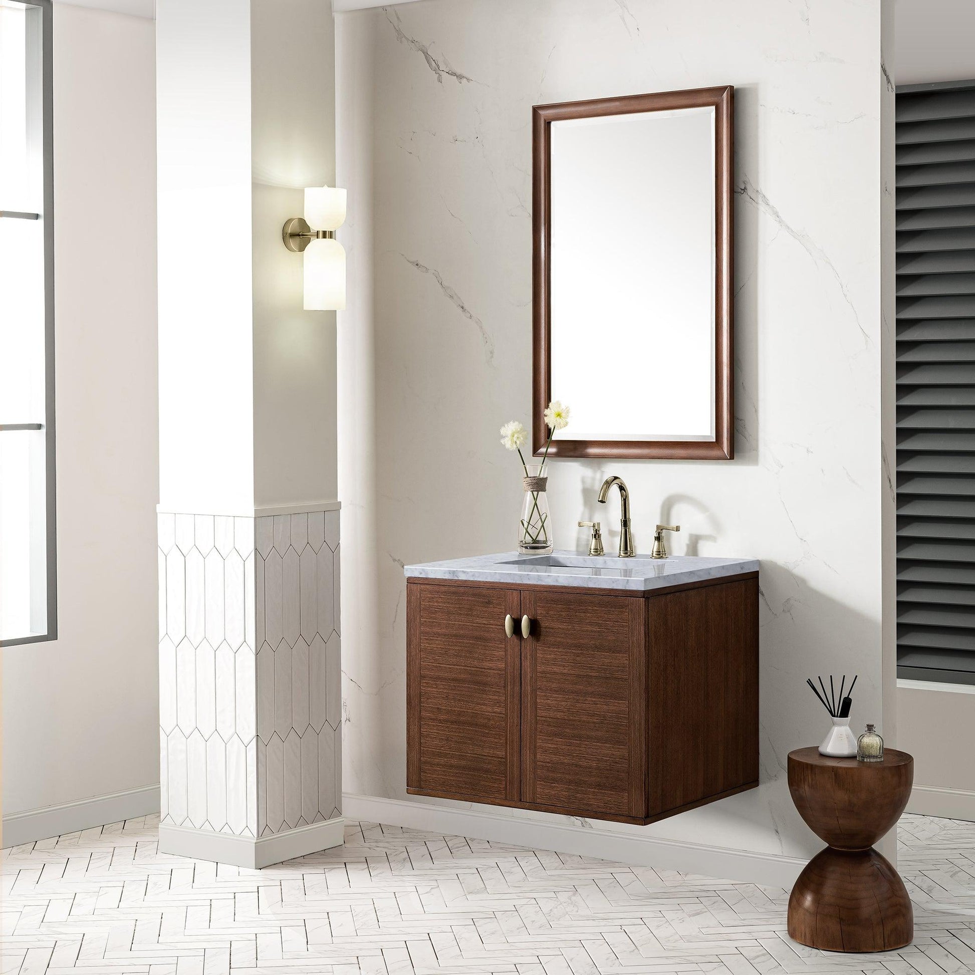 James Martin Vanities Amberly 30" Mid-Century Walnut Single Vanity With 3cm Carrara Marble Top