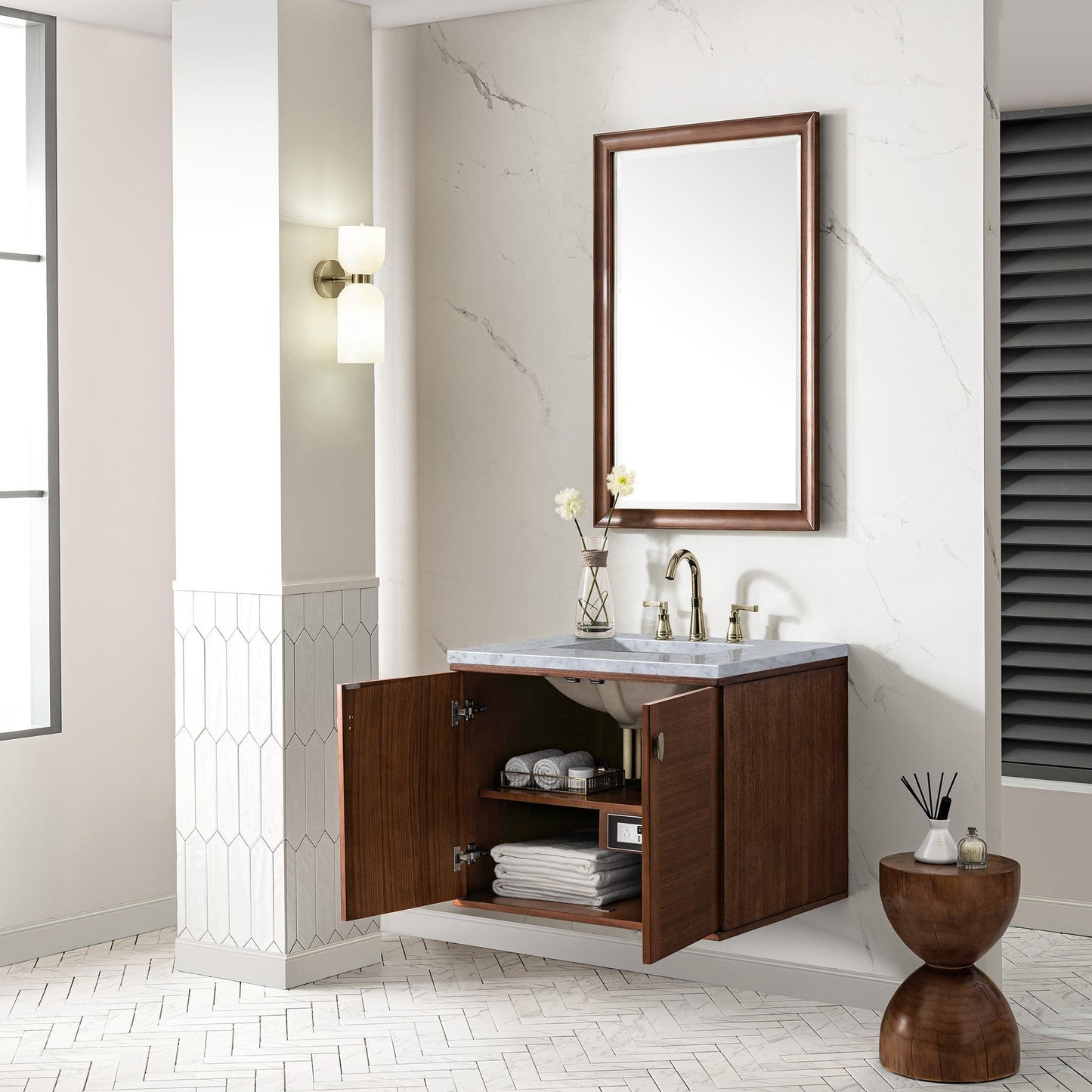 James Martin Vanities Amberly 30" Mid-Century Walnut Single Vanity With 3cm Carrara Marble Top