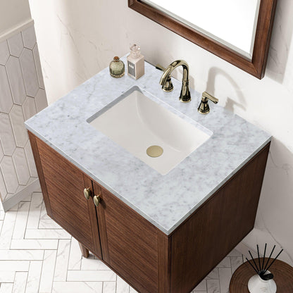 James Martin Vanities Amberly 30" Mid-Century Walnut Single Vanity With 3cm Carrara Marble Top