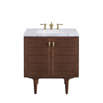 James Martin Vanities Amberly 30" Mid-Century Walnut Single Vanity With 3cm Carrara Marble Top