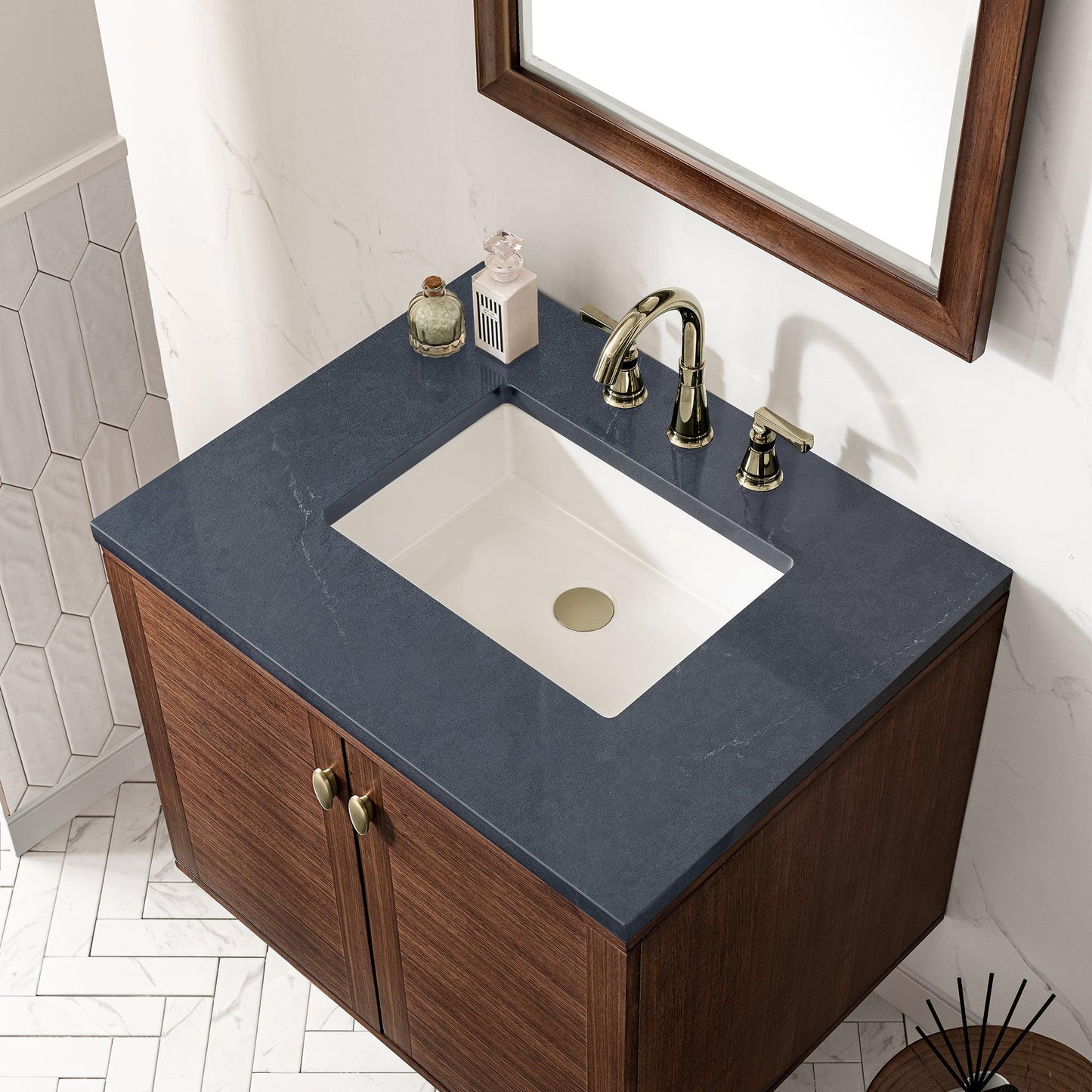 James Martin Vanities Amberly 30" Mid-Century Walnut Single Vanity With 3cm Charcoal Soapstone Top