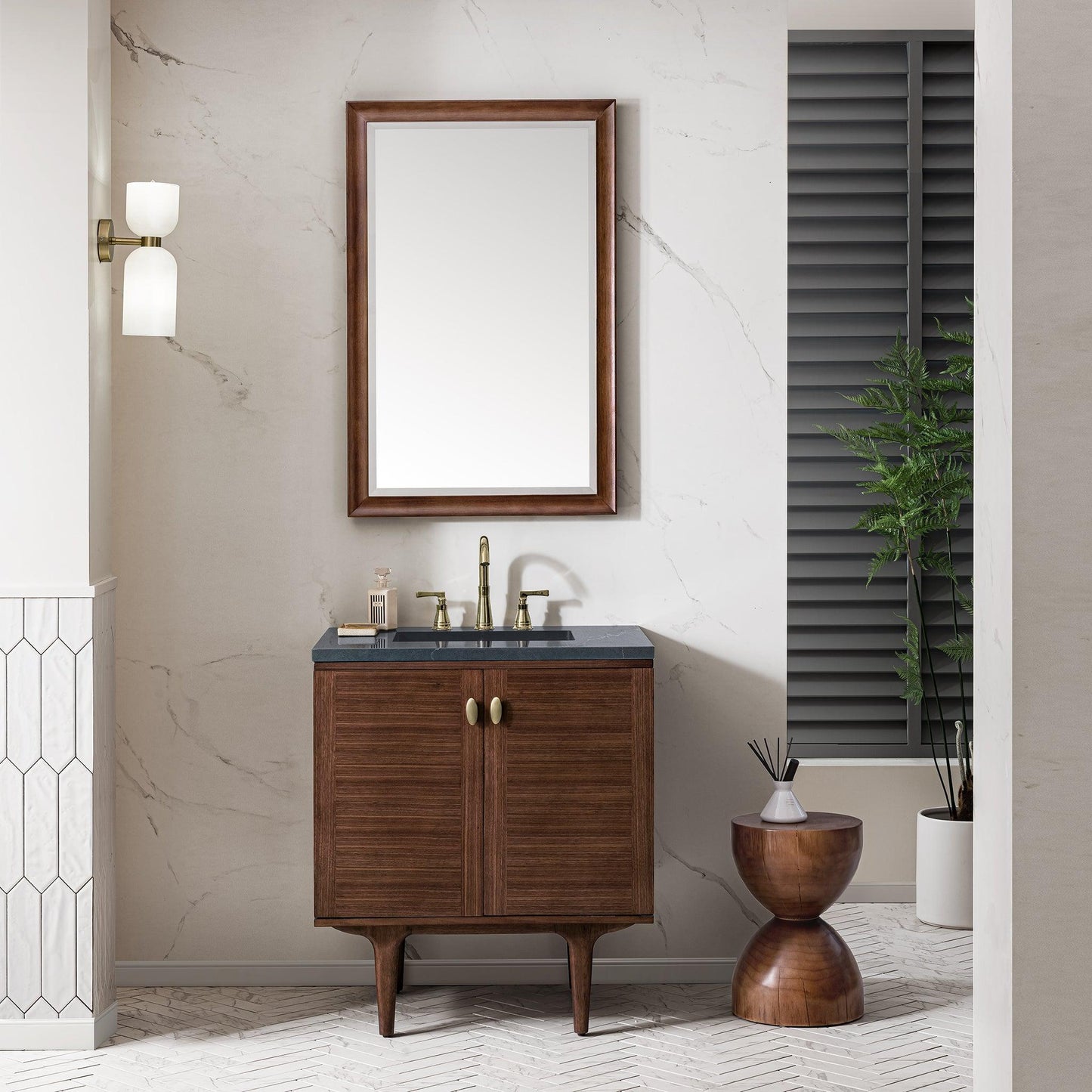 James Martin Vanities Amberly 30" Mid-Century Walnut Single Vanity With 3cm Charcoal Soapstone Top