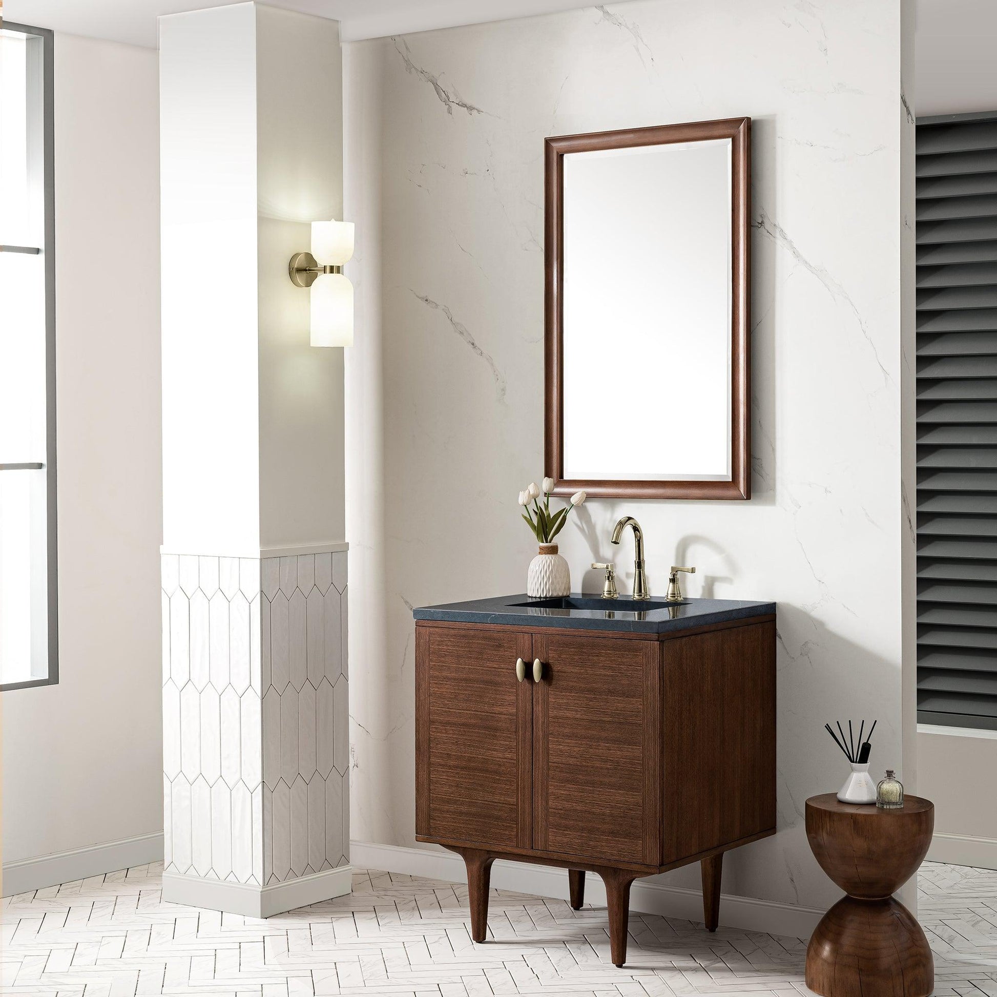 James Martin Vanities Amberly 30" Mid-Century Walnut Single Vanity With 3cm Charcoal Soapstone Top