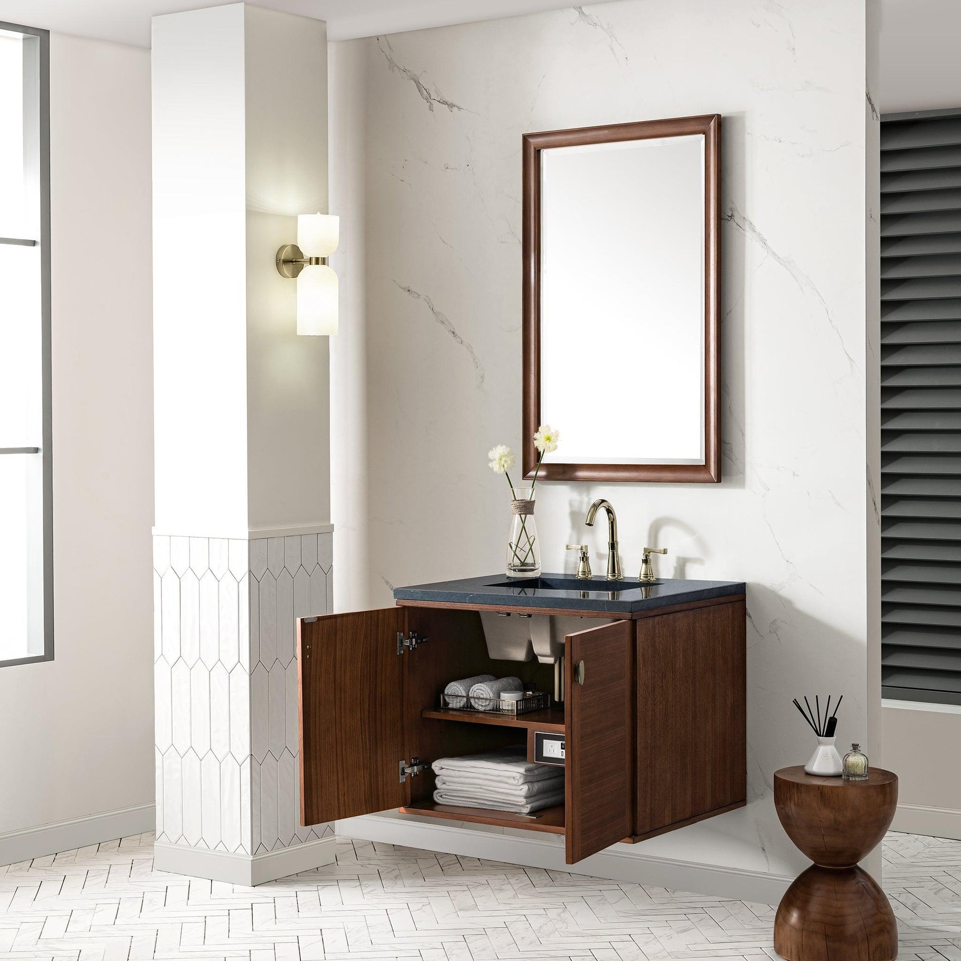 James Martin Vanities Amberly 30" Mid-Century Walnut Single Vanity With 3cm Charcoal Soapstone Top