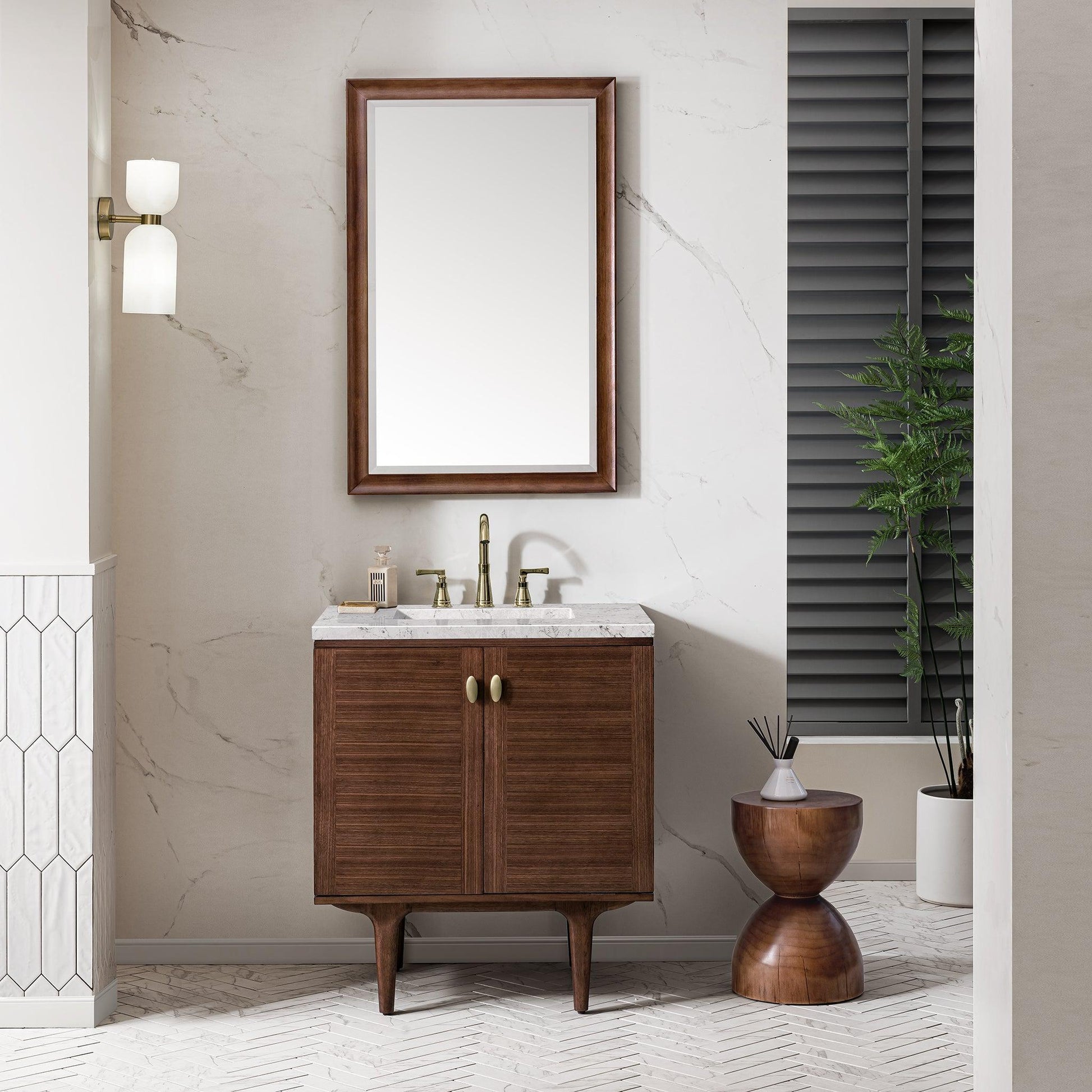 James Martin Vanities Amberly 30" Mid-Century Walnut Single Vanity With 3cm Eternal Jasmine Pearl Top