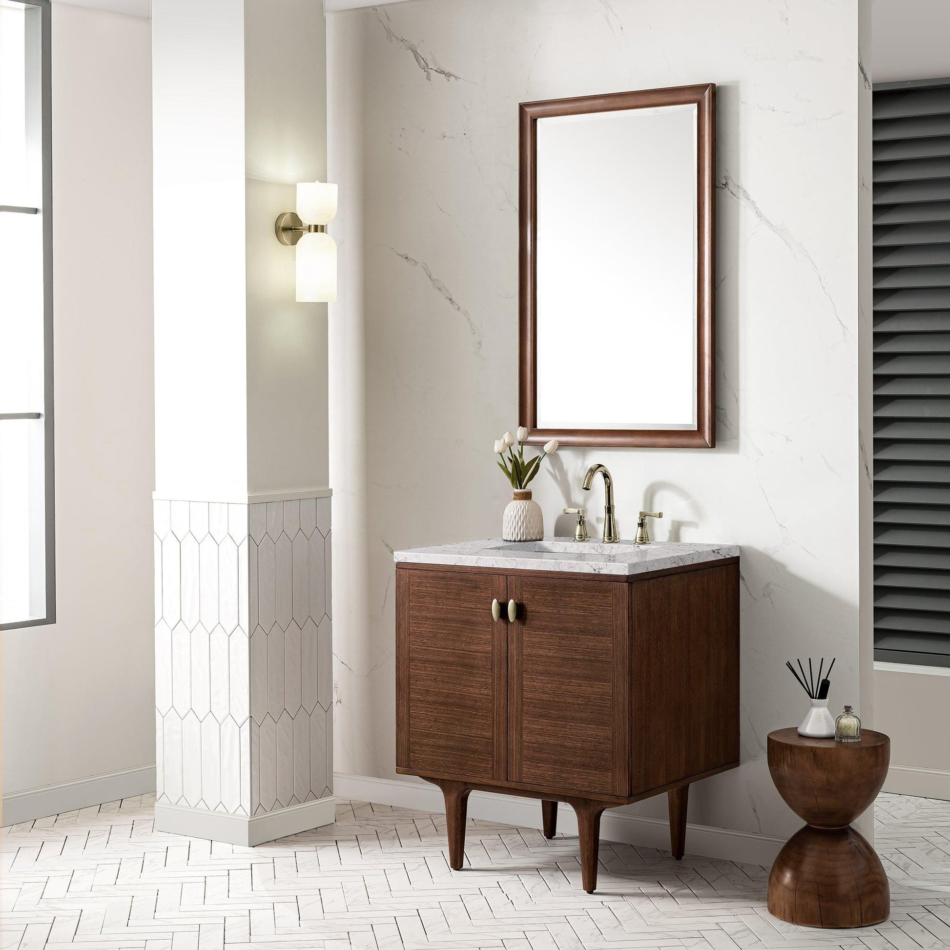 James Martin Vanities Amberly 30" Mid-Century Walnut Single Vanity With 3cm Eternal Jasmine Pearl Top