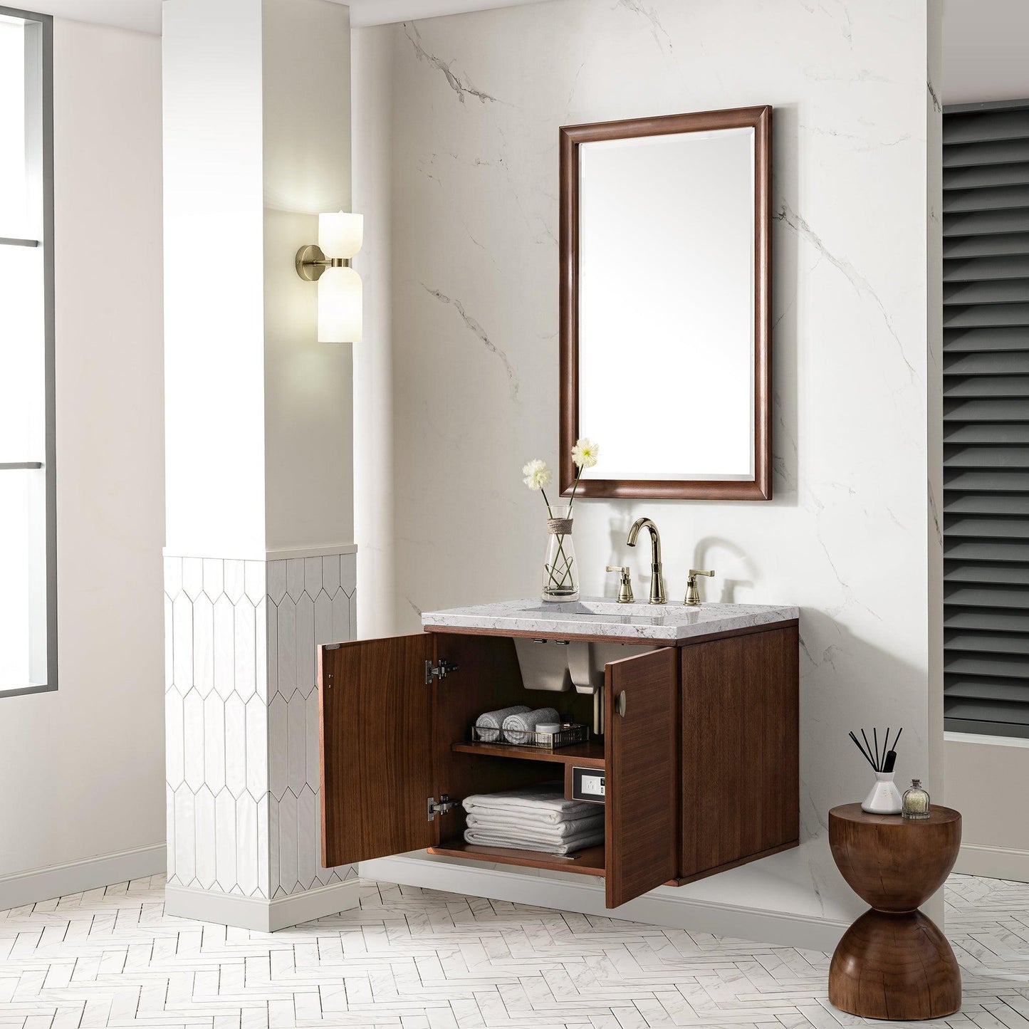 James Martin Vanities Amberly 30" Mid-Century Walnut Single Vanity With 3cm Eternal Jasmine Pearl Top