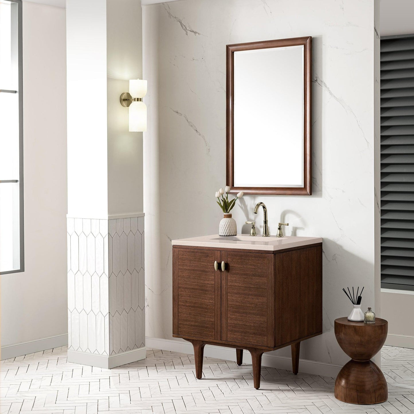 James Martin Vanities Amberly 30" Mid-Century Walnut Single Vanity With 3cm Eternal Marfil Top