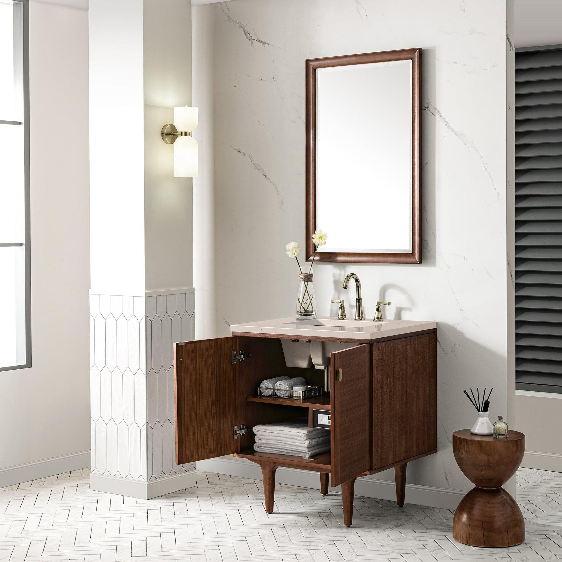 James Martin Vanities Amberly 30" Mid-Century Walnut Single Vanity With 3cm Eternal Marfil Top