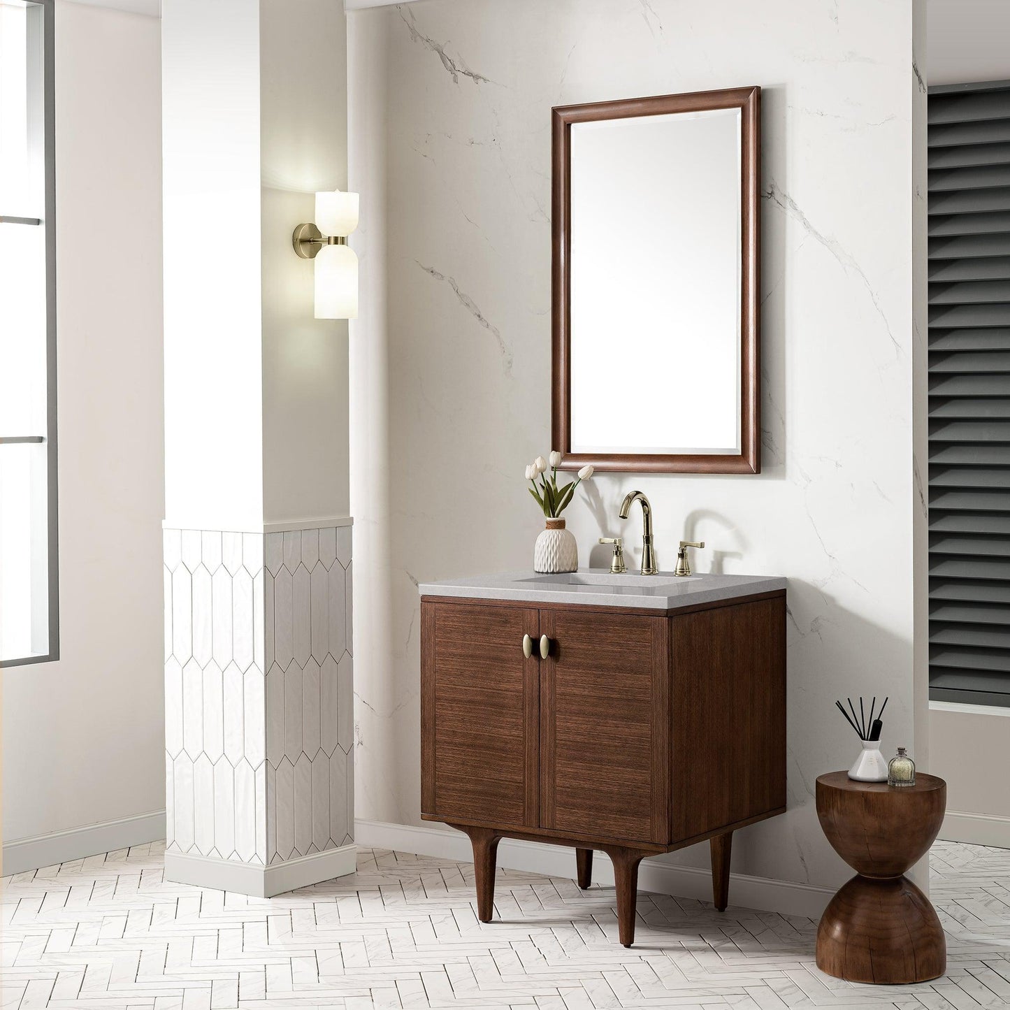 James Martin Vanities Amberly 30" Mid-Century Walnut Single Vanity With 3cm Eternal Serena Top