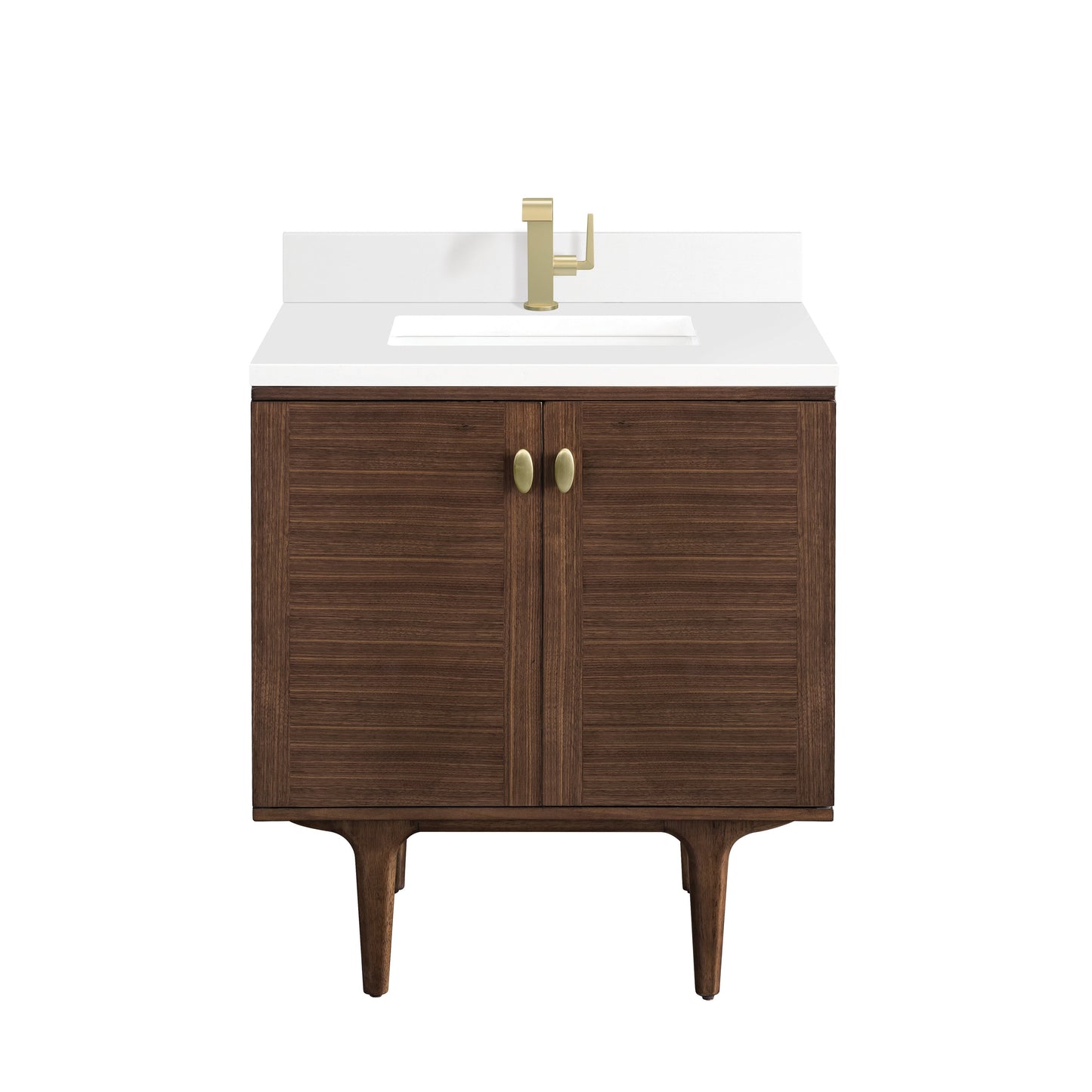 James Martin Vanities Amberly 30" Mid-Century Walnut Single Vanity With Single Hole 3 cm White Zeus Top & Backsplash