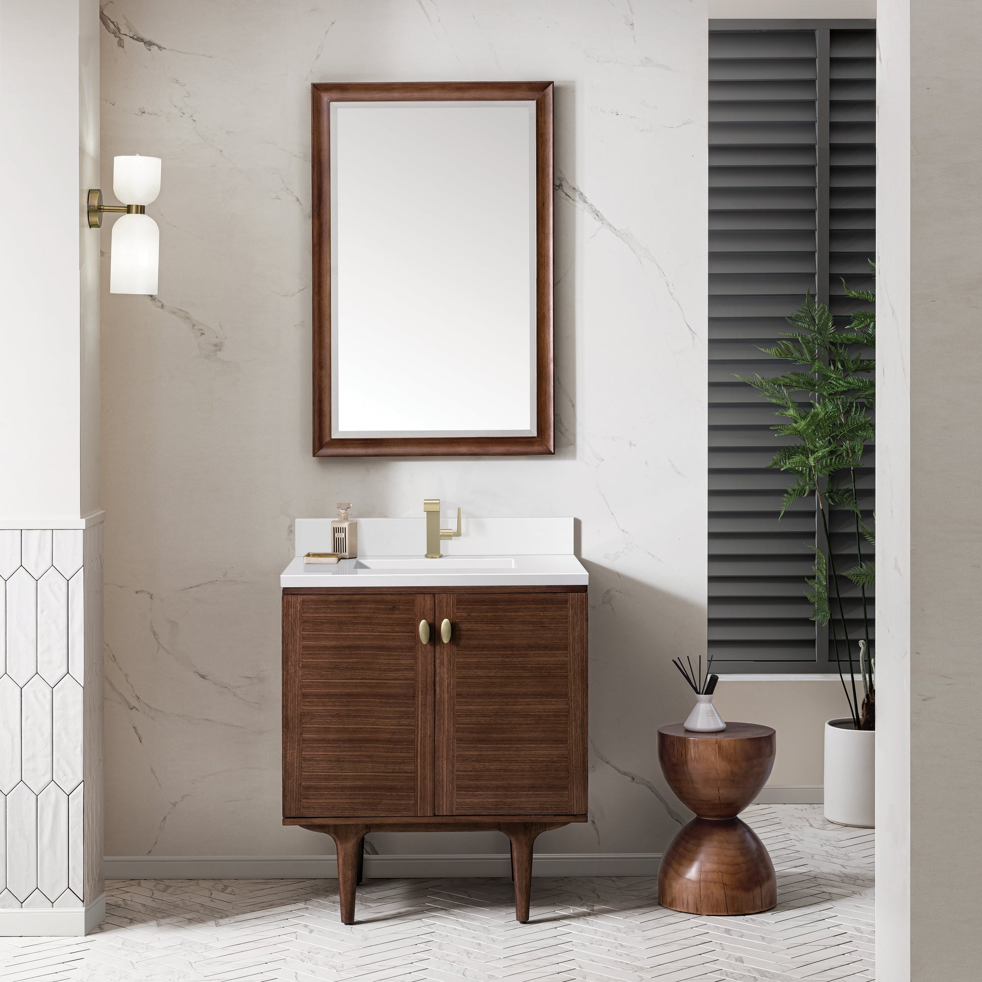 James Martin Vanities Amberly 30" Mid-Century Walnut Single Vanity With Single Hole 3 cm White Zeus Top & Backsplash