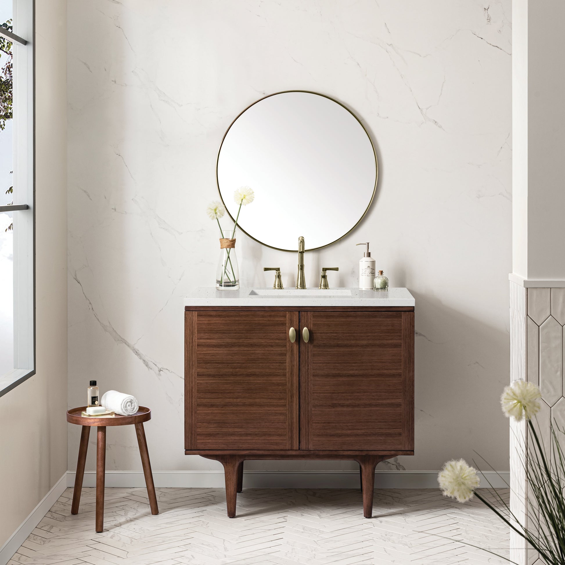 James Martin Vanities Amberly 36" Mid-Century Walnut Single Vanity With 3 cm Lime Delight Top