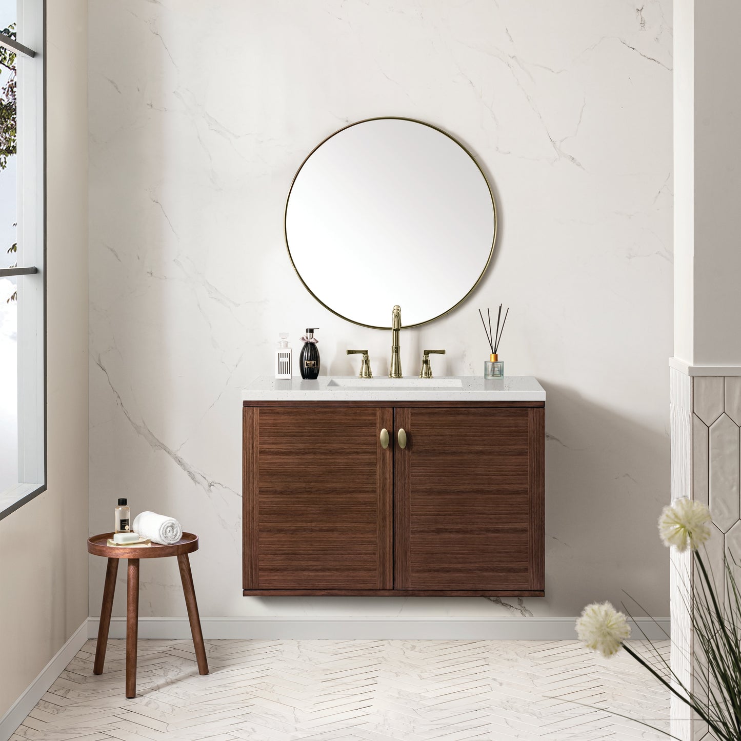 James Martin Vanities Amberly 36" Mid-Century Walnut Single Vanity With 3 cm Lime Delight Top