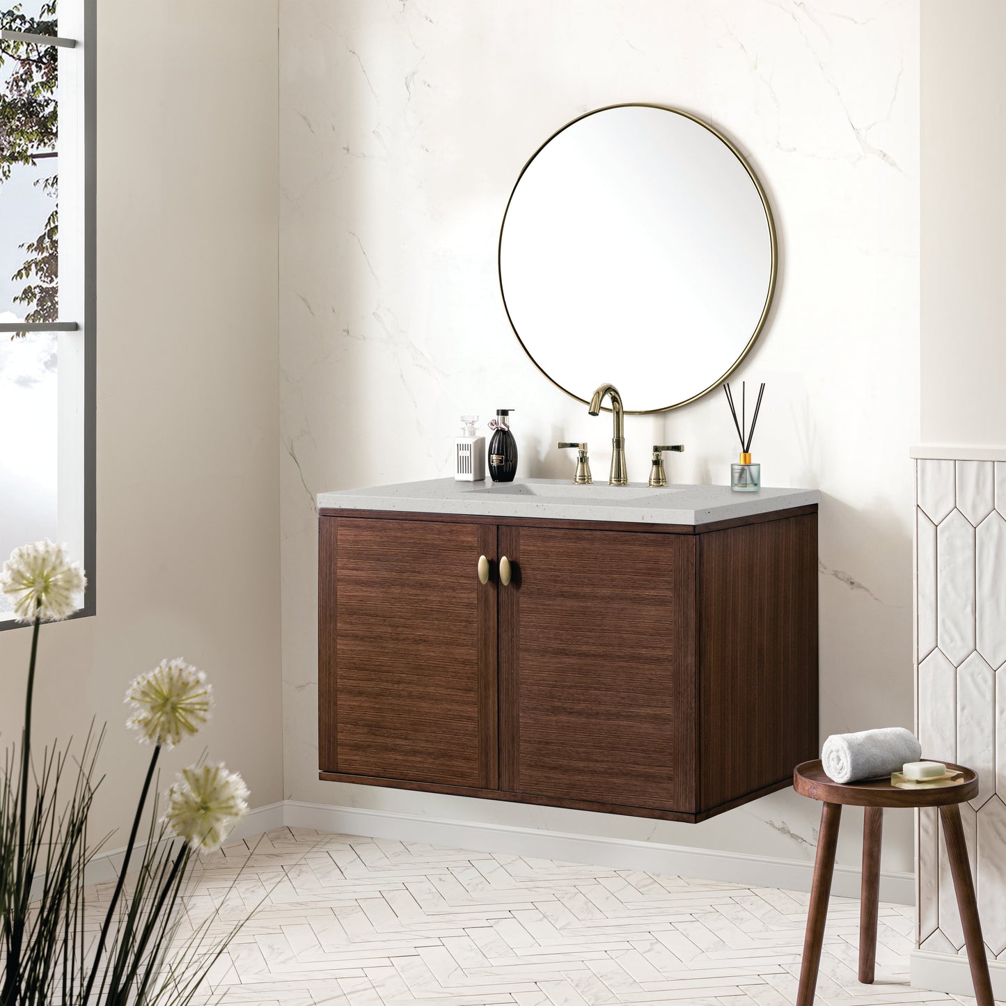 James Martin Vanities Amberly 36" Mid-Century Walnut Single Vanity With 3 cm Lime Delight Top