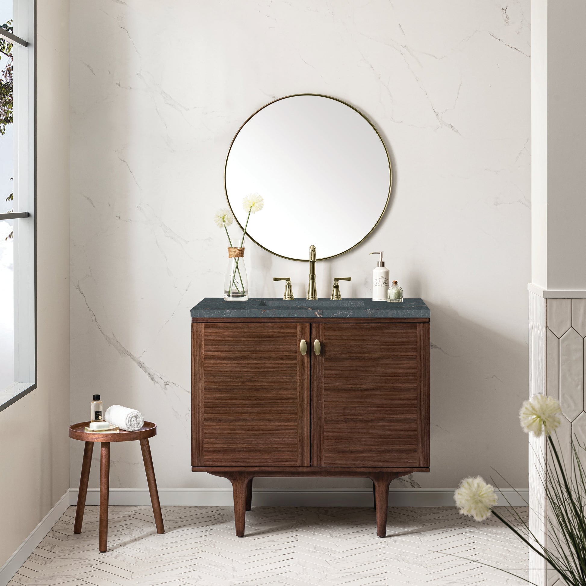 James Martin Vanities Amberly 36" Mid-Century Walnut Single Vanity With 3 cm Parisien Bleu Top