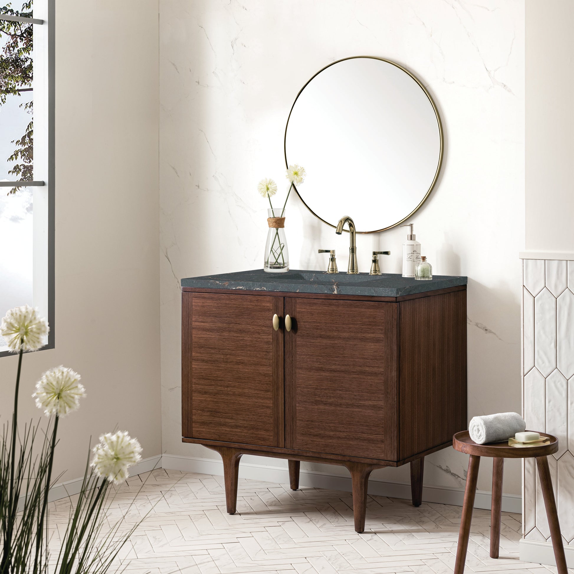 James Martin Vanities Amberly 36" Mid-Century Walnut Single Vanity With 3 cm Parisien Bleu Top