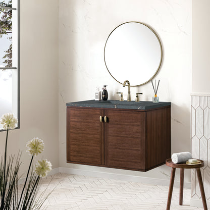 James Martin Vanities Amberly 36" Mid-Century Walnut Single Vanity With 3 cm Parisien Bleu Top