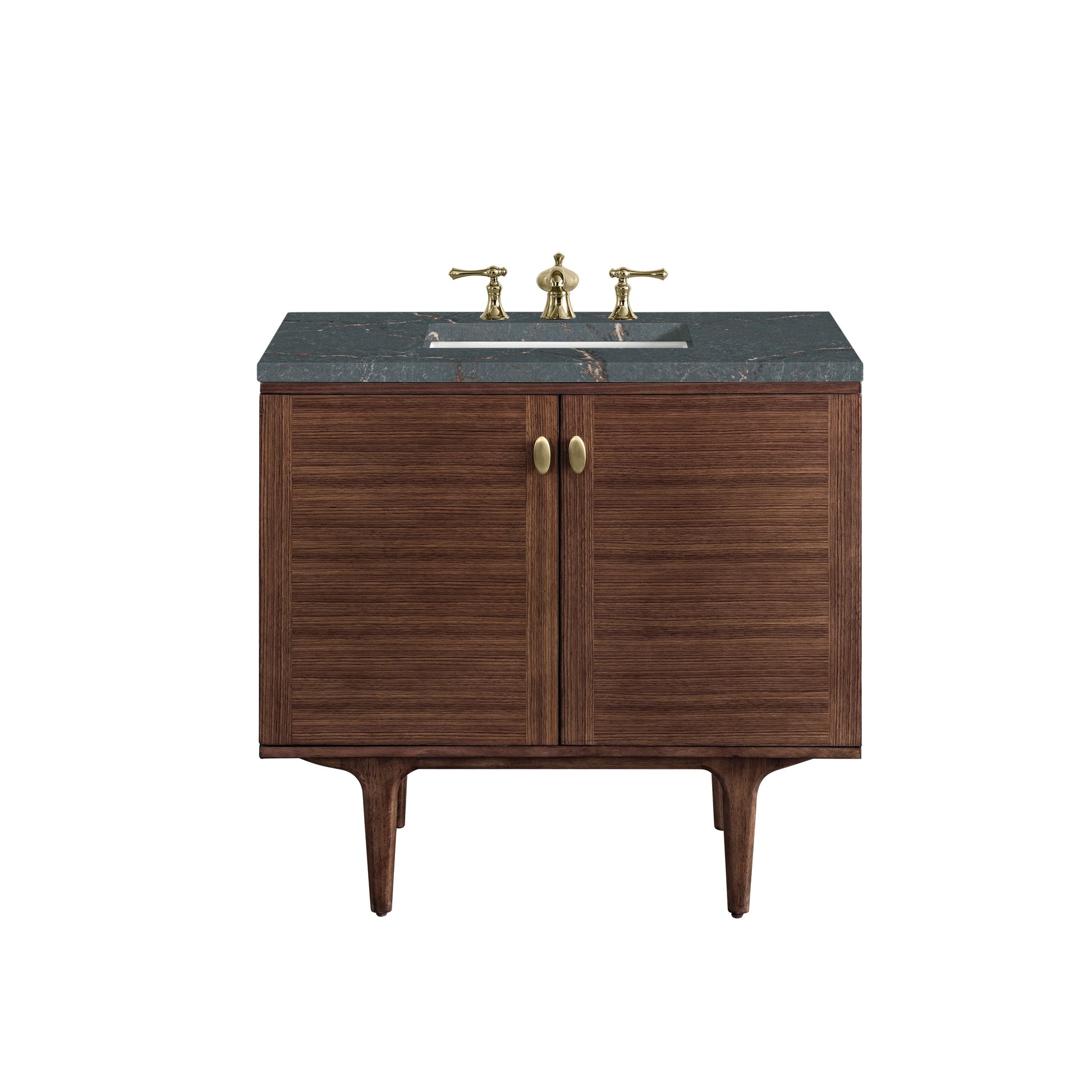 James Martin Vanities Amberly 36" Mid-Century Walnut Single Vanity With 3 cm Parisien Bleu Top