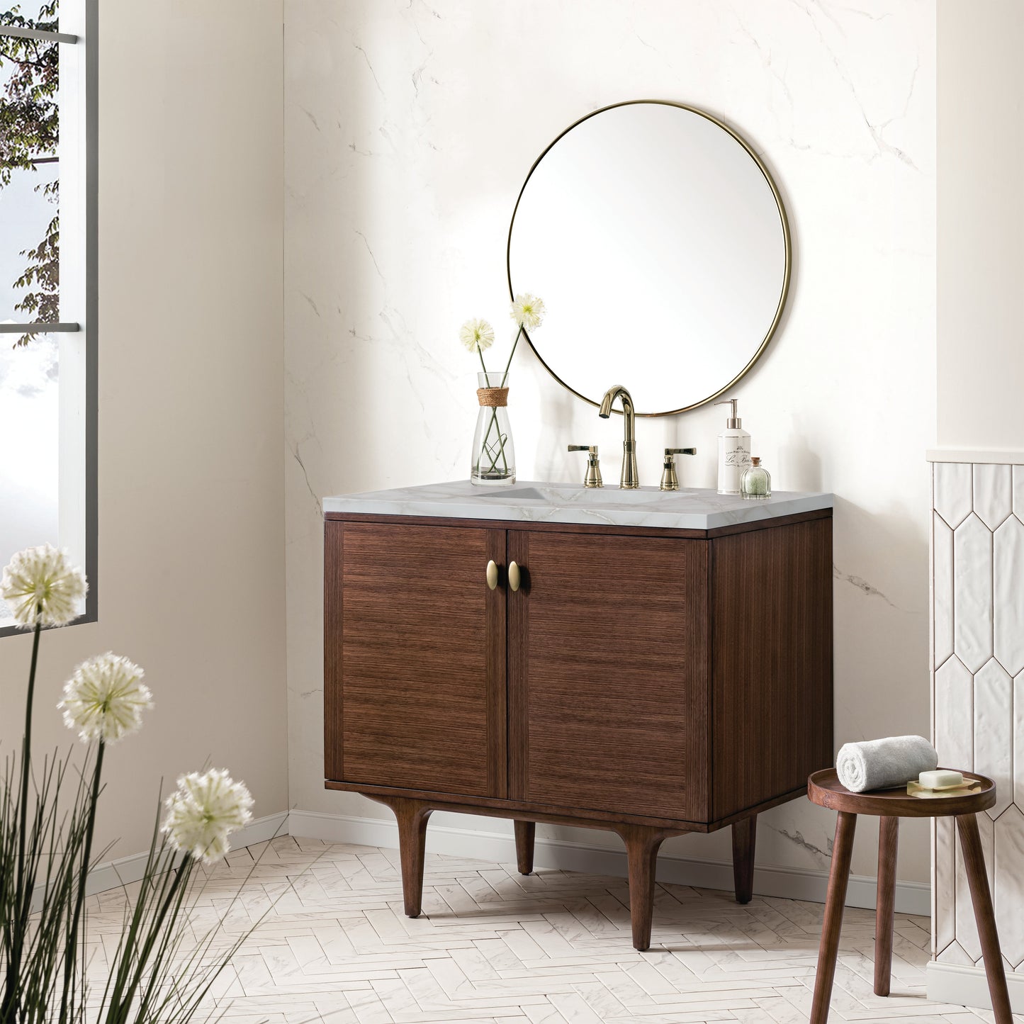 James Martin Vanities Amberly 36" Mid-Century Walnut Single Vanity With 3 cm Victorian Silver Top