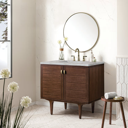 James Martin Vanities Amberly 36" Mid-Century Walnut Single Vanity With 3 cm Victorian Silver Top