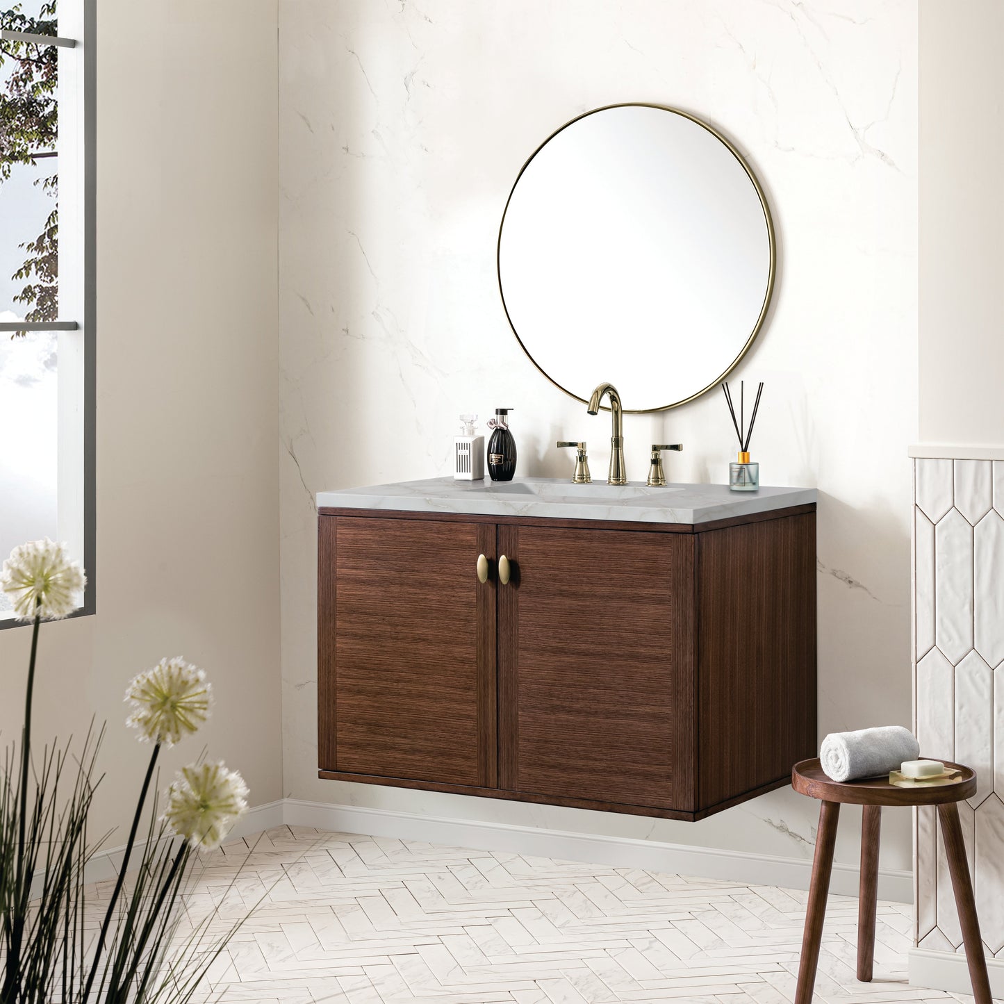 James Martin Vanities Amberly 36" Mid-Century Walnut Single Vanity With 3 cm Victorian Silver Top