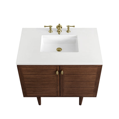 James Martin Vanities Amberly 36" Mid-Century Walnut Single Vanity With 3 cm White Zeus Top