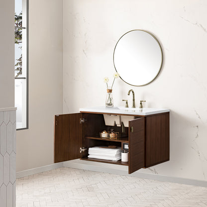 James Martin Vanities Amberly 36" Mid-Century Walnut Single Vanity With 3 cm White Zeus Top